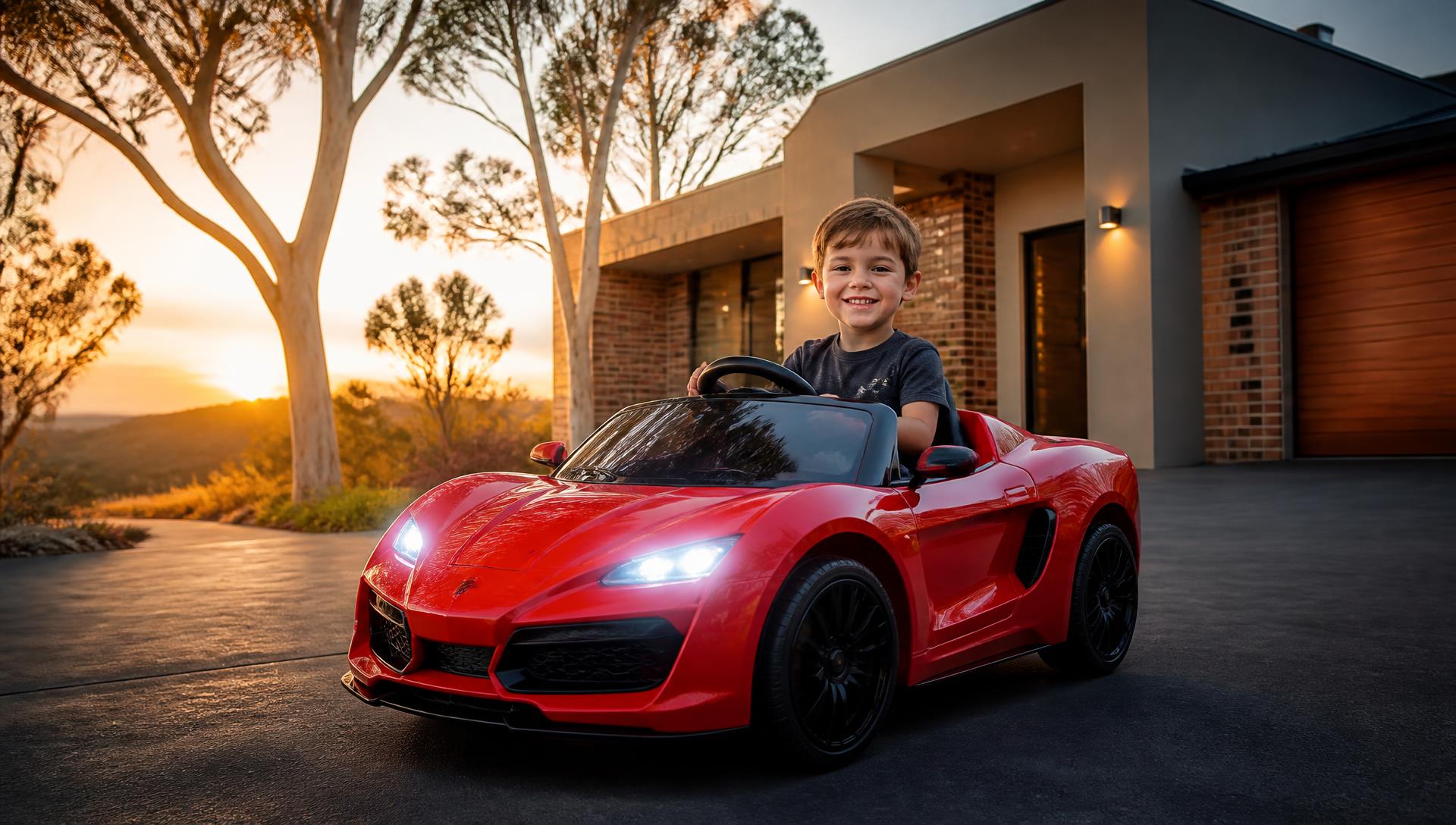 Child driving a red kids electric ride on supercar on an Australian driveway at sunset