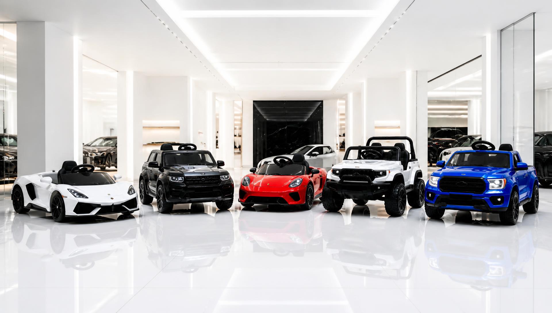 Kids electric ride on cars lined up in a bright white showroom